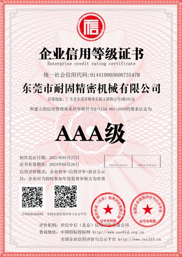 Enterprise credit rating certificate