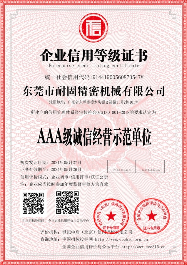 Enterprise credit rating certificate